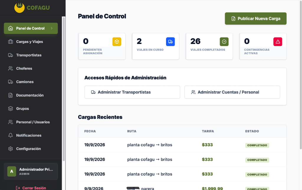 Sistema Logística COFAGU — proyecto de Web App desarrollado por H&S Software